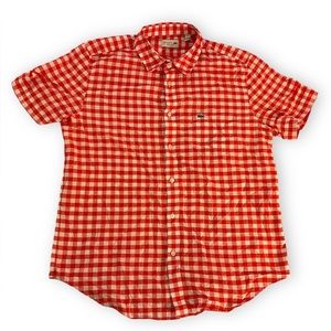Lacoste Red Gingham Check Plaid S/S Cotton Linen Button Down Mens S/S L FR 42